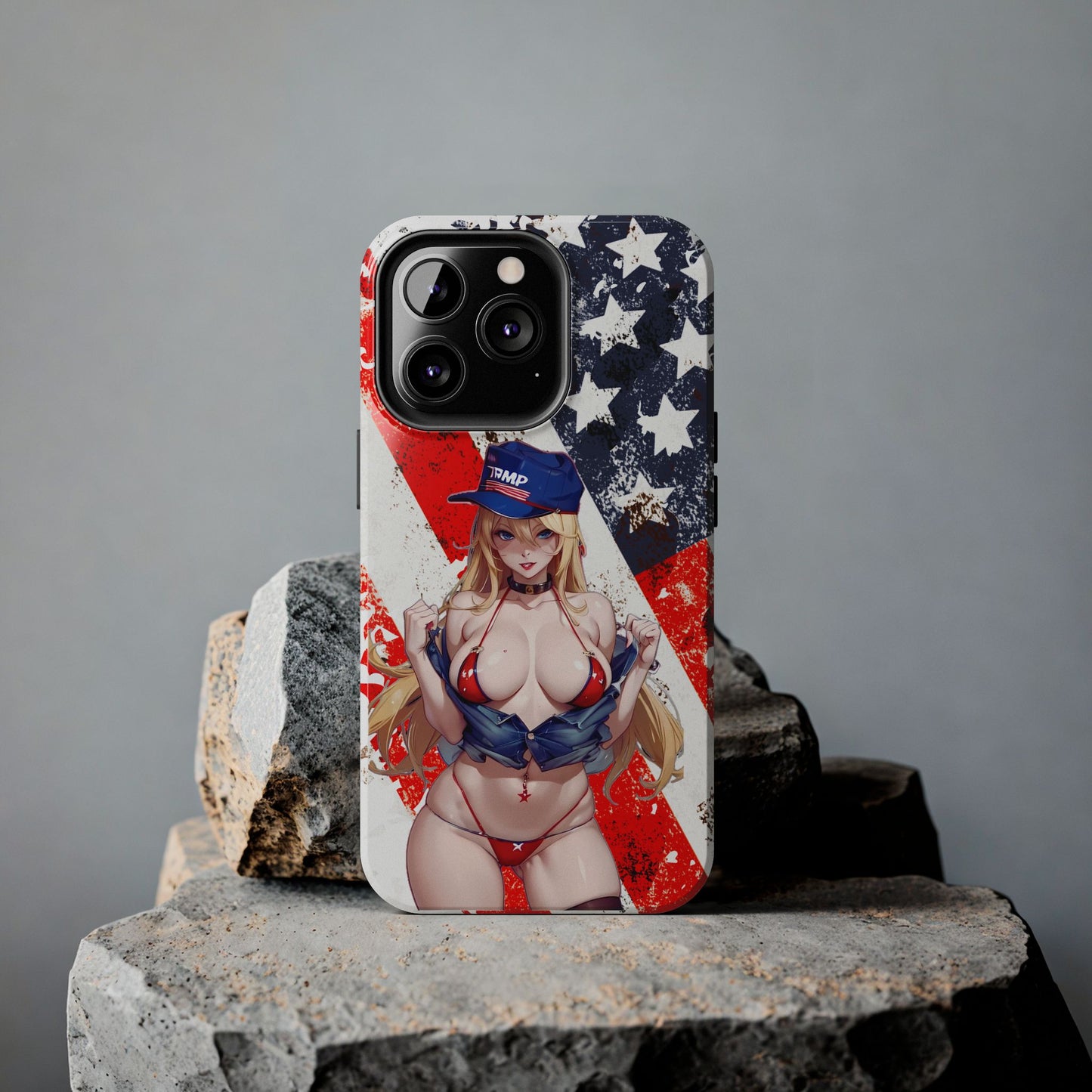 Apple iPhone, Tough Phone Case (13-15 Pro Max), Sexy Anime Trump Girl/ American Flag