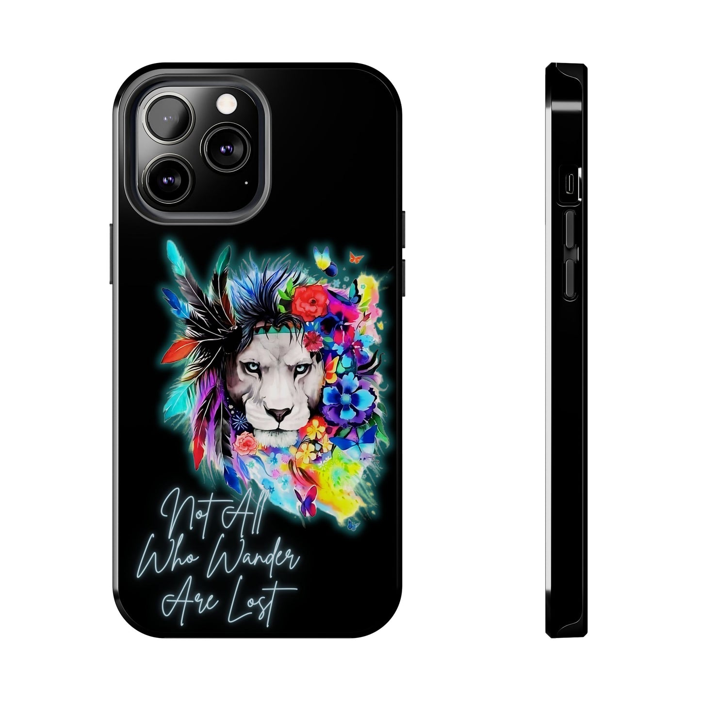 Apple iPhone Tough Case (13-15 Pro Max), Lion "Not All Who Wander Are Lost"