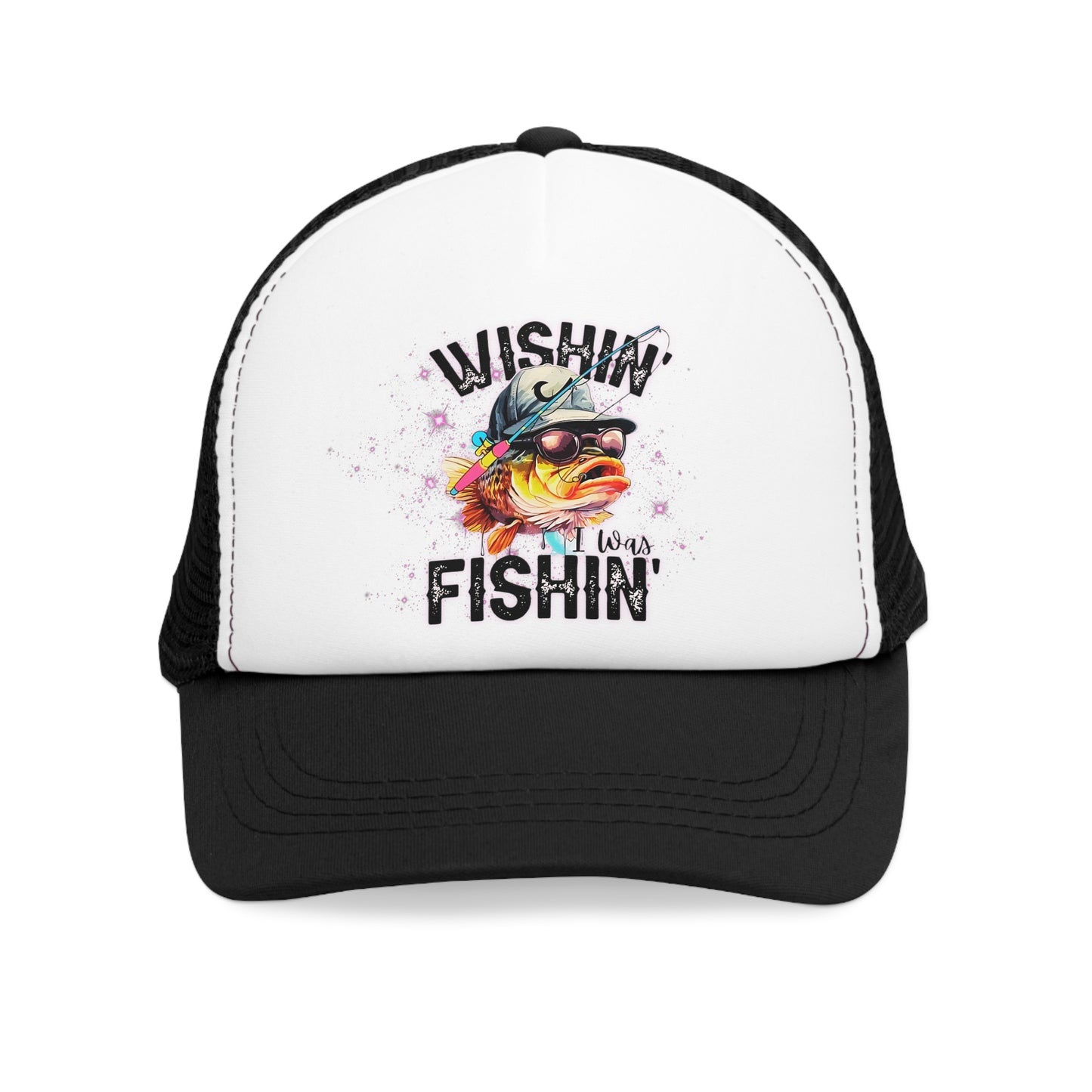 Snap-Back, Mesh Cap, "Wishing I Was Fishing" Hat Black/ Pink