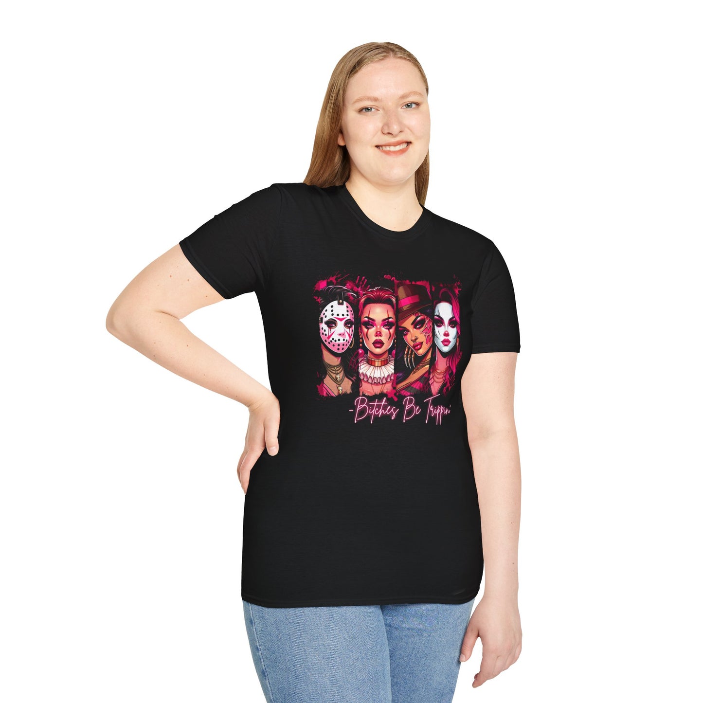 Halloween/ Pink Horror Girls, Womens Soft-Style T-Shirt," B**ches Be Trippin" Funny