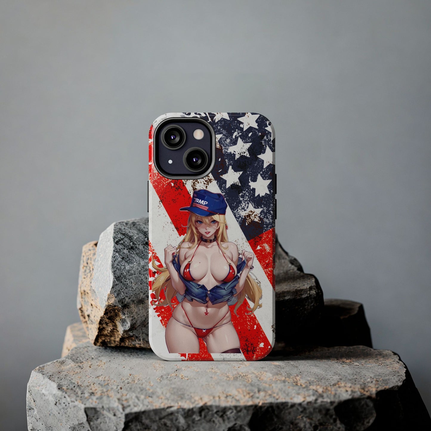 Apple iPhone, Tough Phone Case (13-15 Pro Max), Sexy Anime Trump Girl/ American Flag