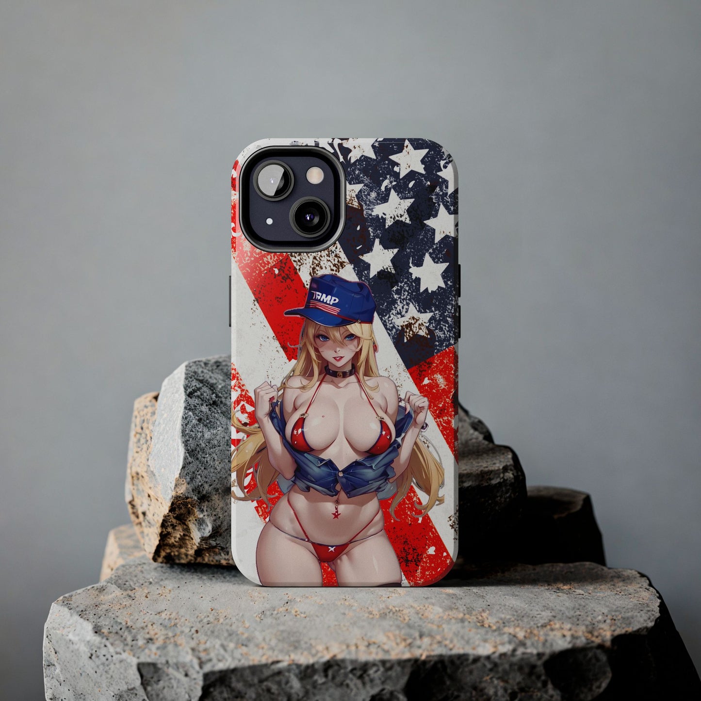 Apple iPhone, Tough Phone Case (13-15 Pro Max), Sexy Anime Trump Girl/ American Flag