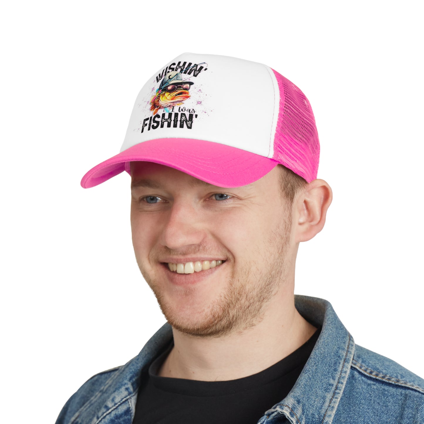 Snap-Back, Mesh Cap, "Wishing I Was Fishing" Hat Black/ Pink