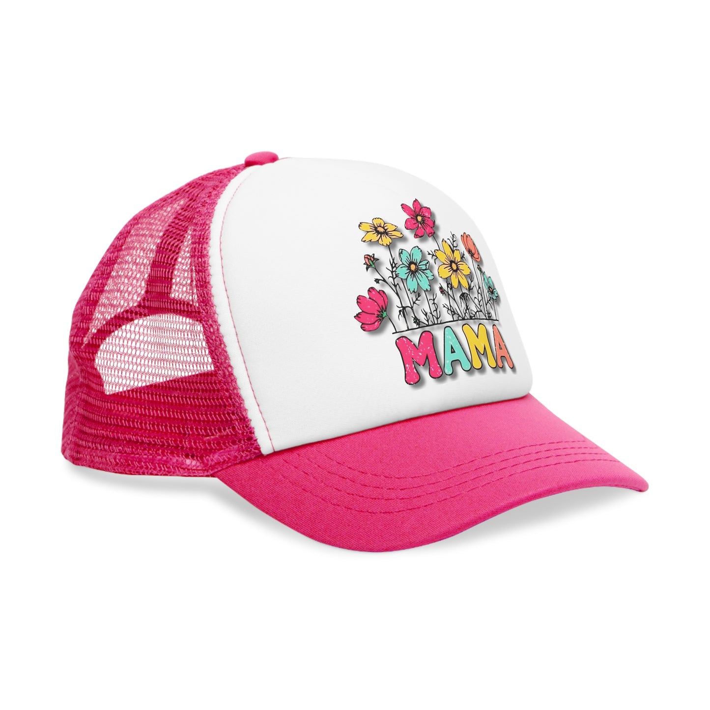 Snap-Back Mesh Cap, "Mama" Flowers Pink/ Black Hat NEW