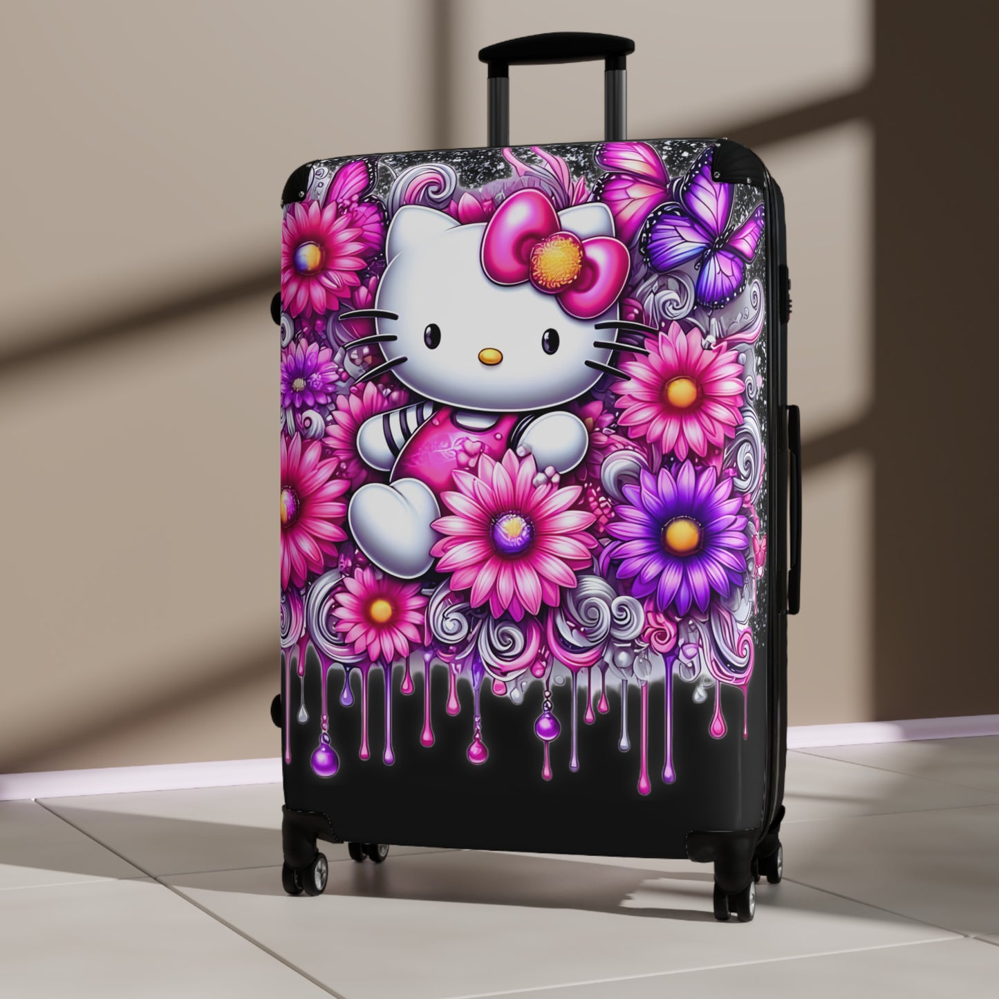 Hard-Shell Travel Suitcases With Lock (3 Sizes) Hello Kitty/ Flowers