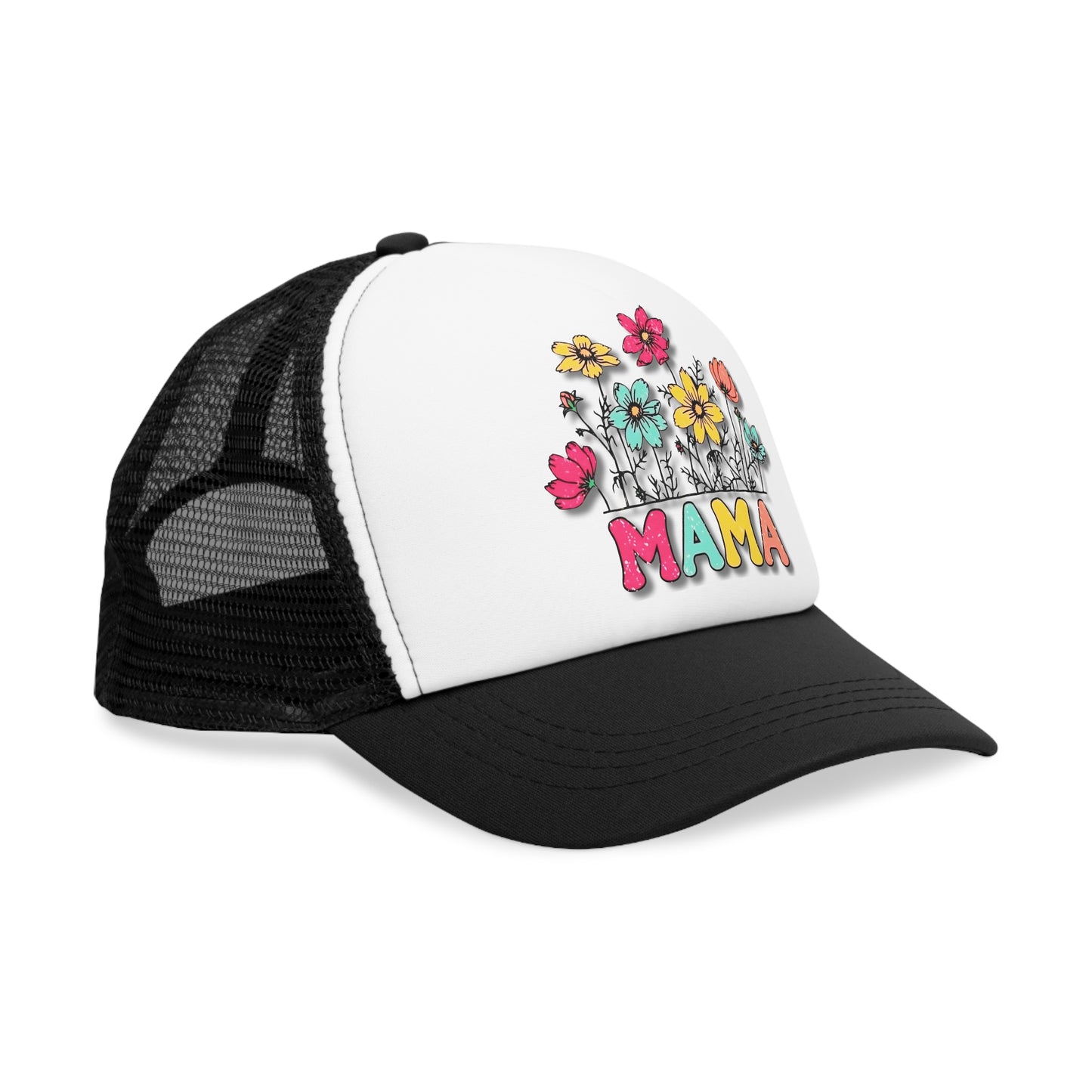 Snap-Back Mesh Cap, "Mama" Flowers Pink/ Black Hat NEW