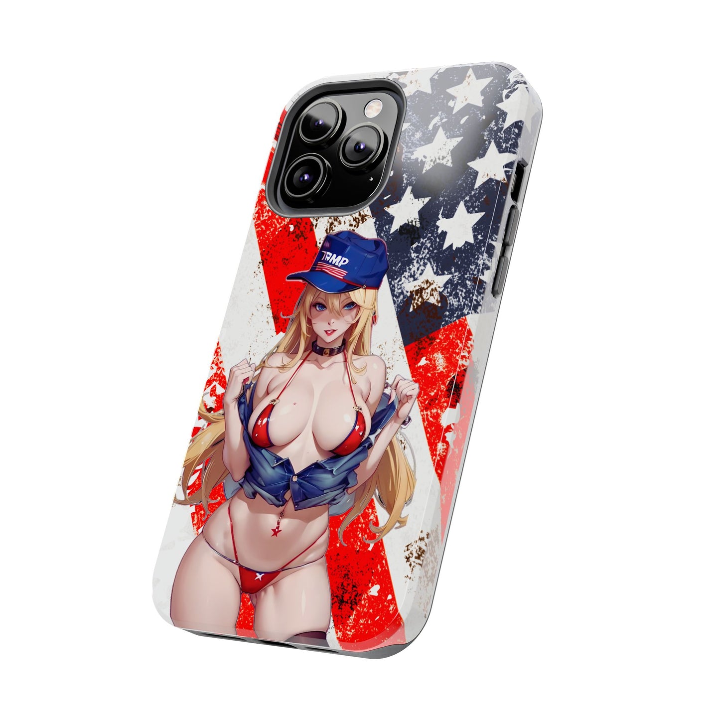 Apple iPhone, Tough Phone Case (13-15 Pro Max), Sexy Anime Trump Girl/ American Flag