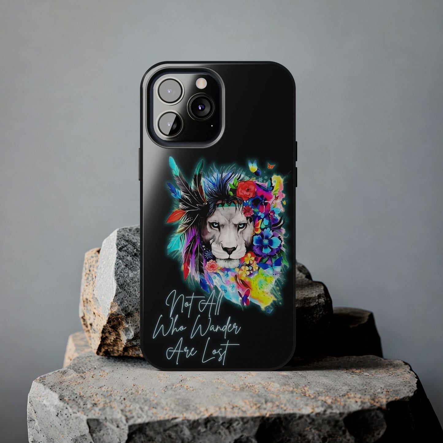 Apple iPhone Tough Case (13-15 Pro Max), Lion "Not All Who Wander Are Lost"