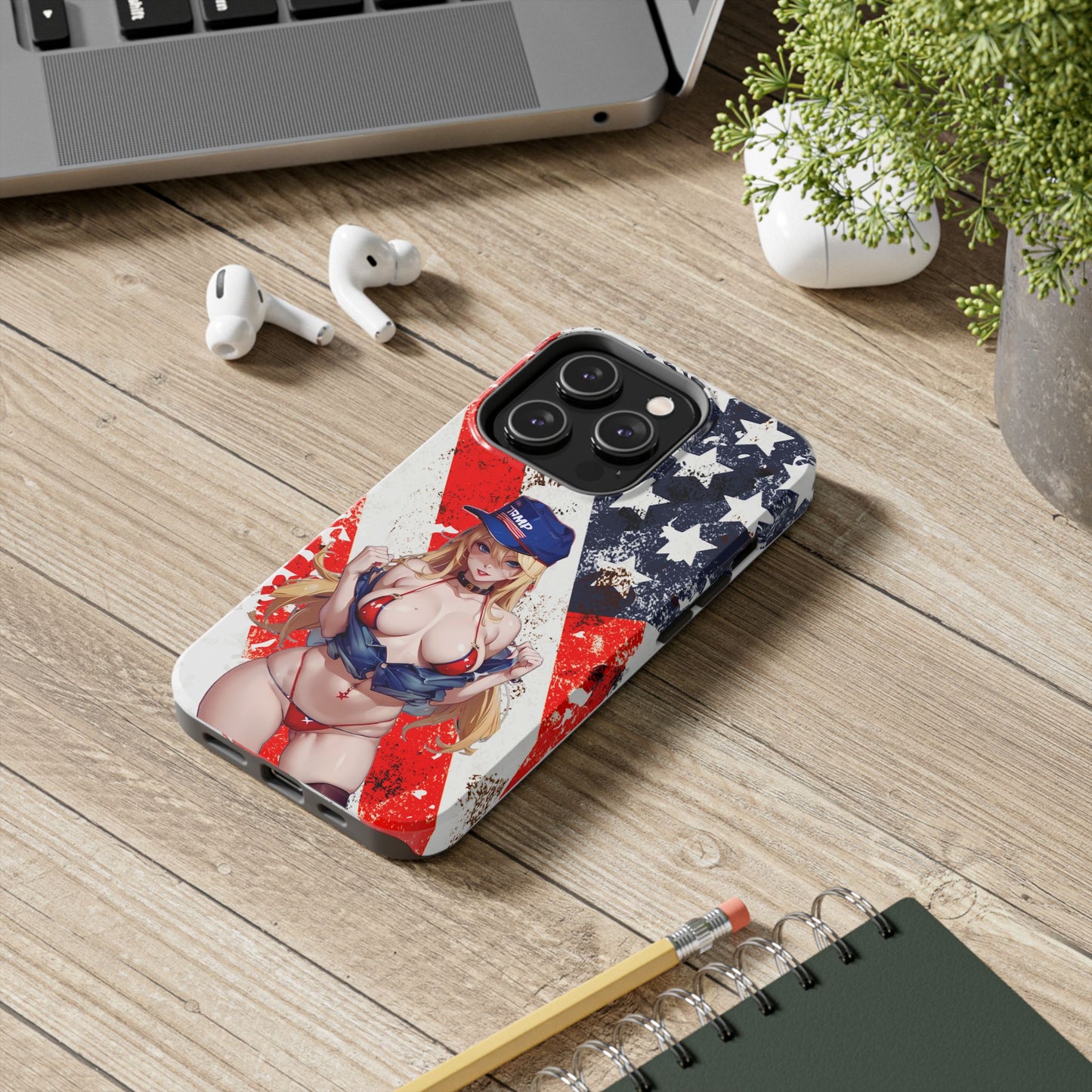 Apple iPhone, Tough Phone Case (13-15 Pro Max), Sexy Anime Trump Girl/ American Flag