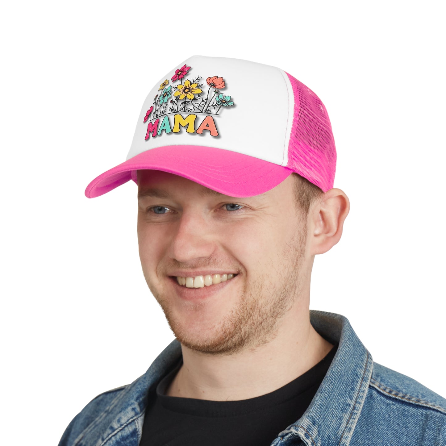 Snap-Back Mesh Cap, "Mama" Flowers Pink/ Black Hat NEW