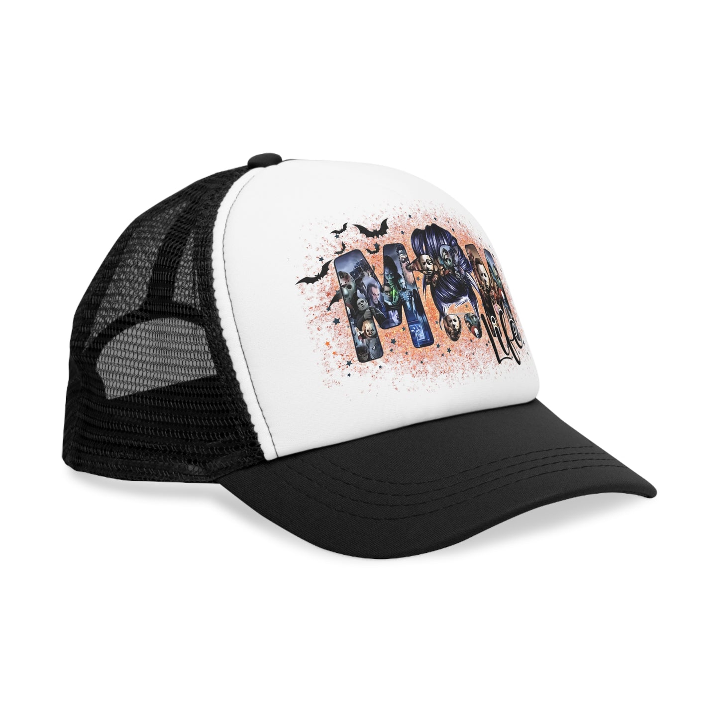 Womens Black Mesh Cap, "Mom Life" Halloween Characters Glittery