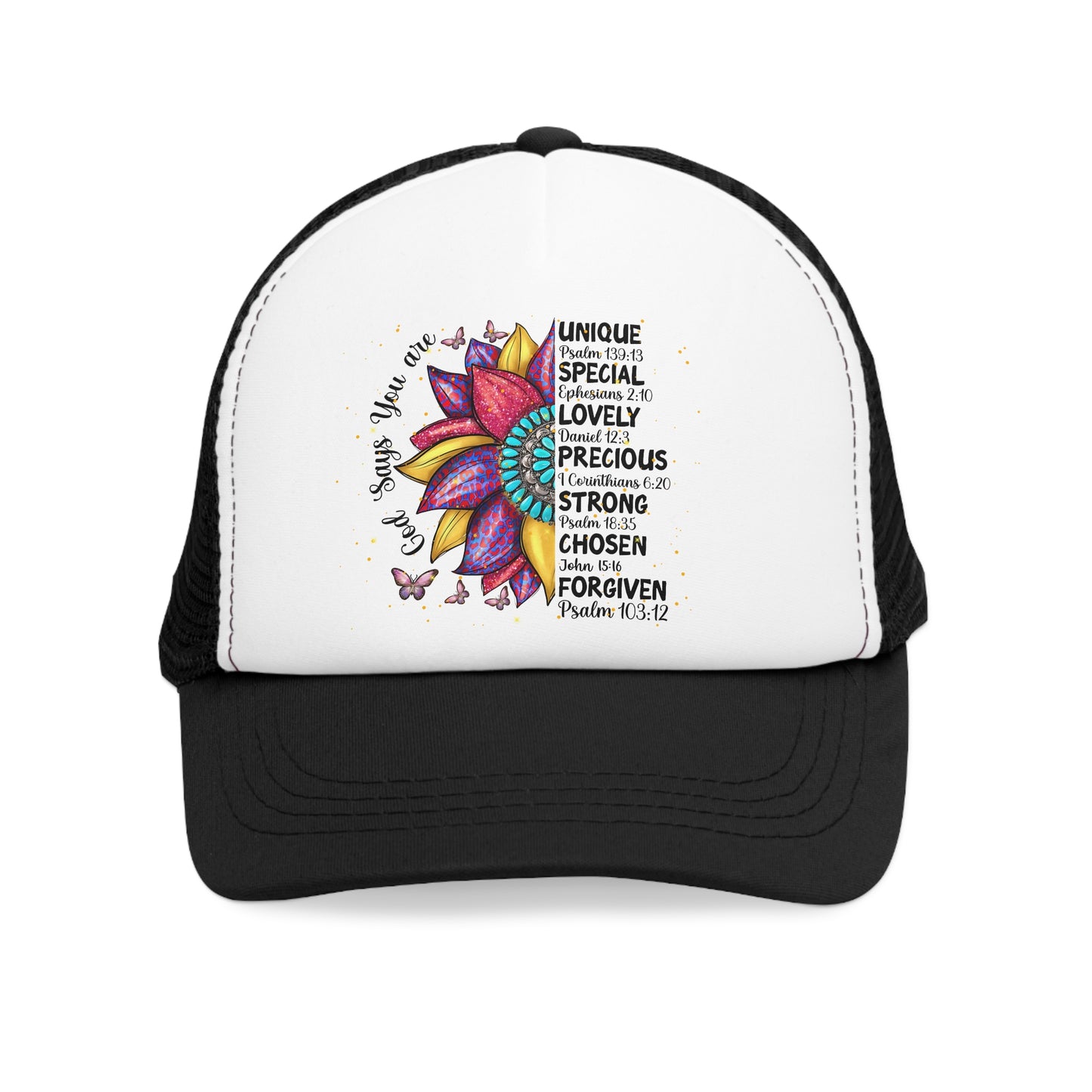 Mesh, Snap-Back Cap, "God Says You Are...", Unique Flower/Christian Hat