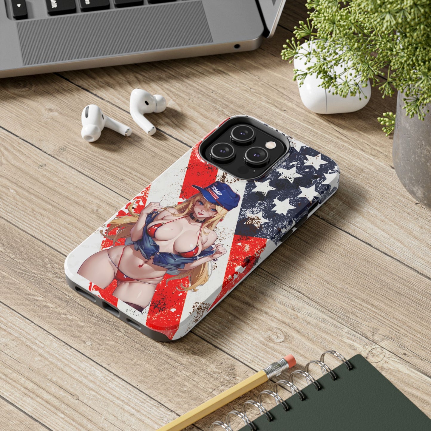 Apple iPhone, Tough Phone Case (13-15 Pro Max), Sexy Anime Trump Girl/ American Flag