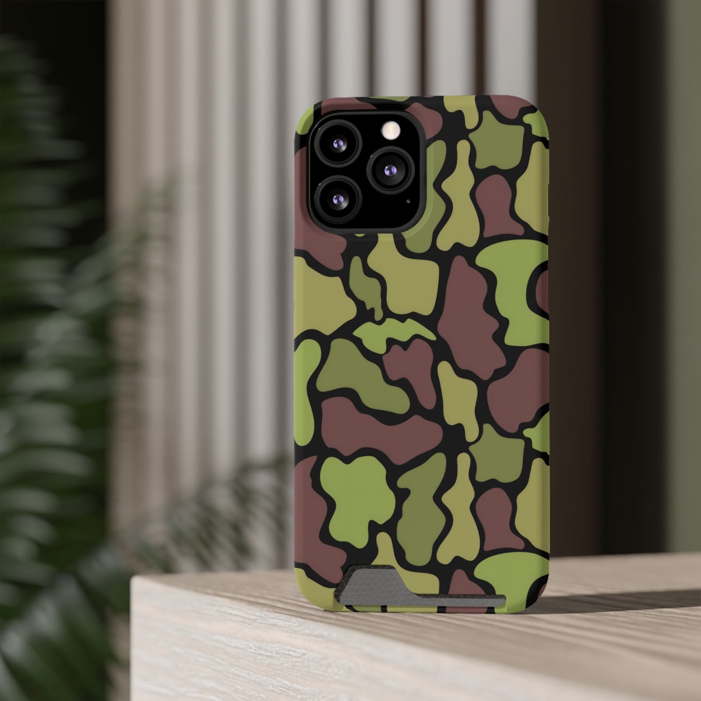 Stylish Camouflage/ Black Phone Case With Card Holder, iPhone, Android