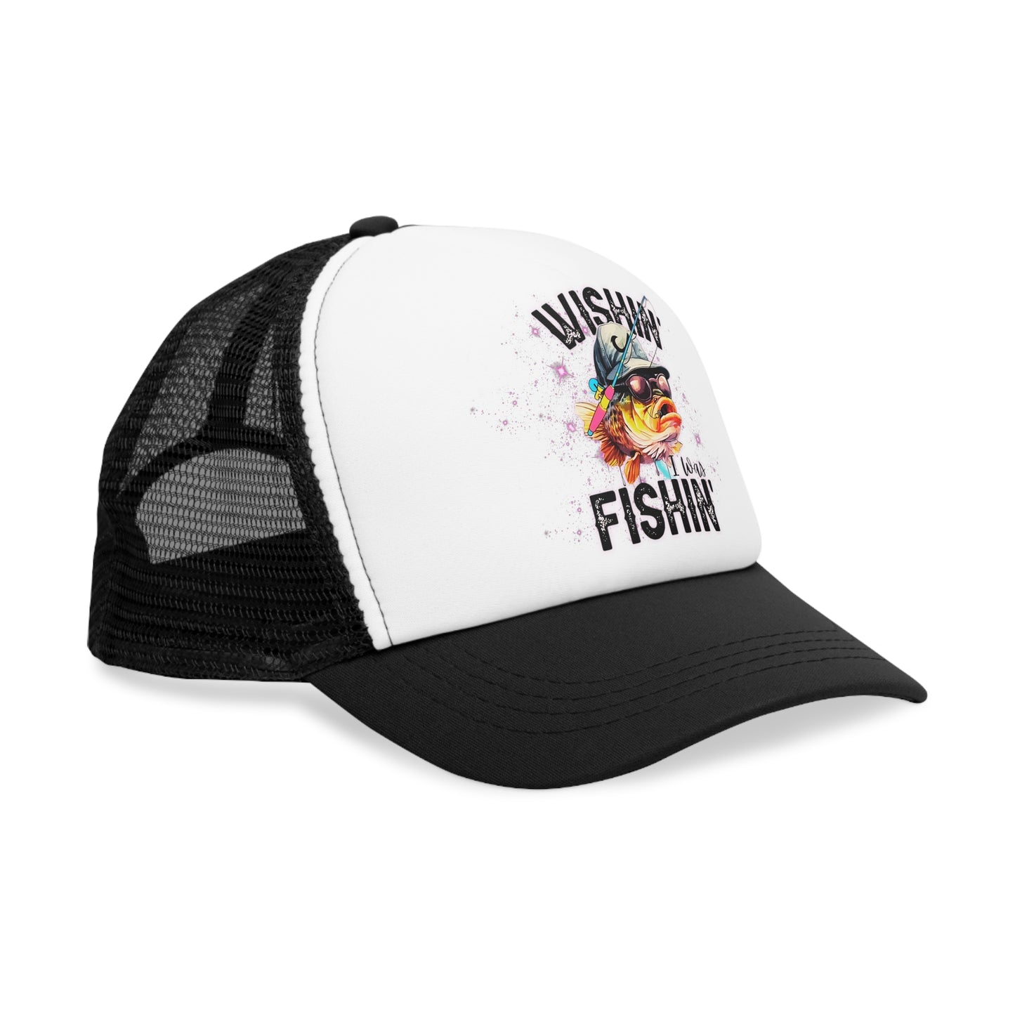 Snap-Back, Mesh Cap, "Wishing I Was Fishing" Hat Black/ Pink