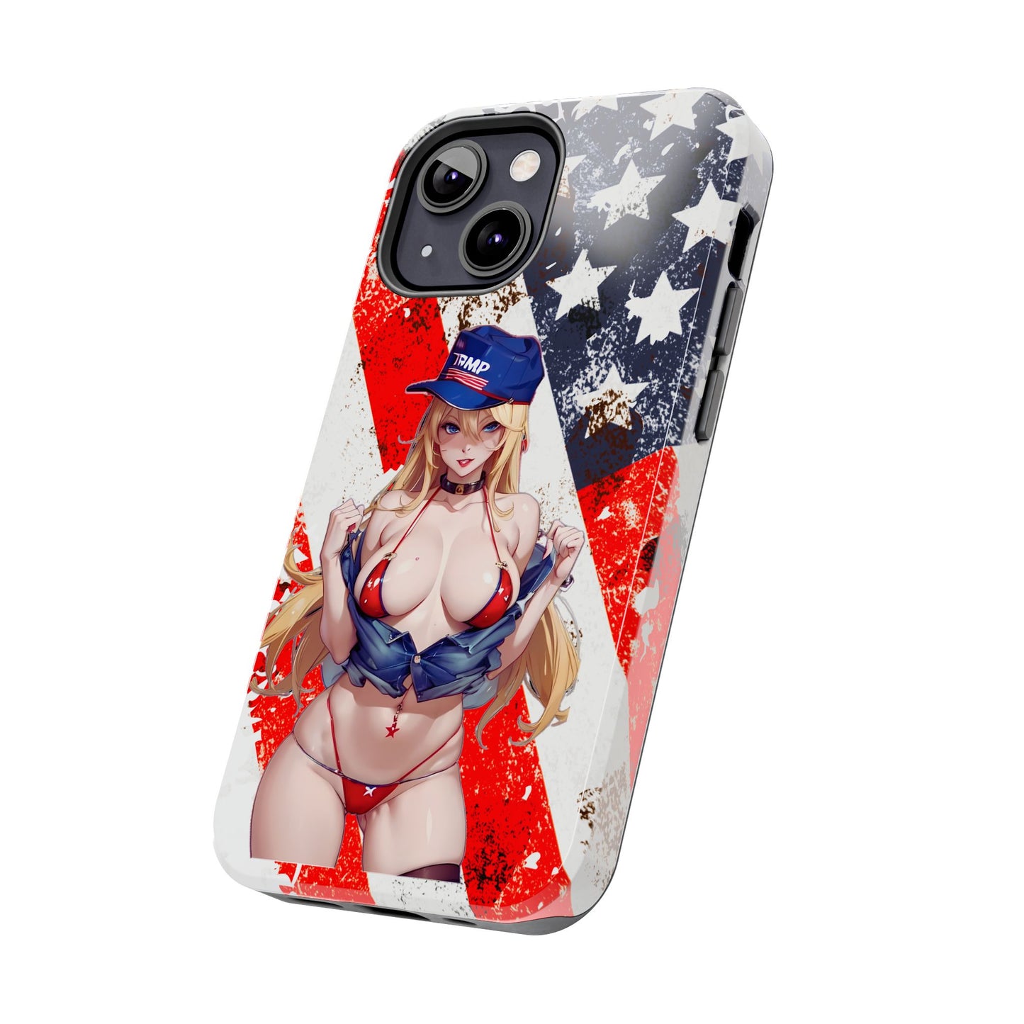 Apple iPhone, Tough Phone Case (13-15 Pro Max), Sexy Anime Trump Girl/ American Flag