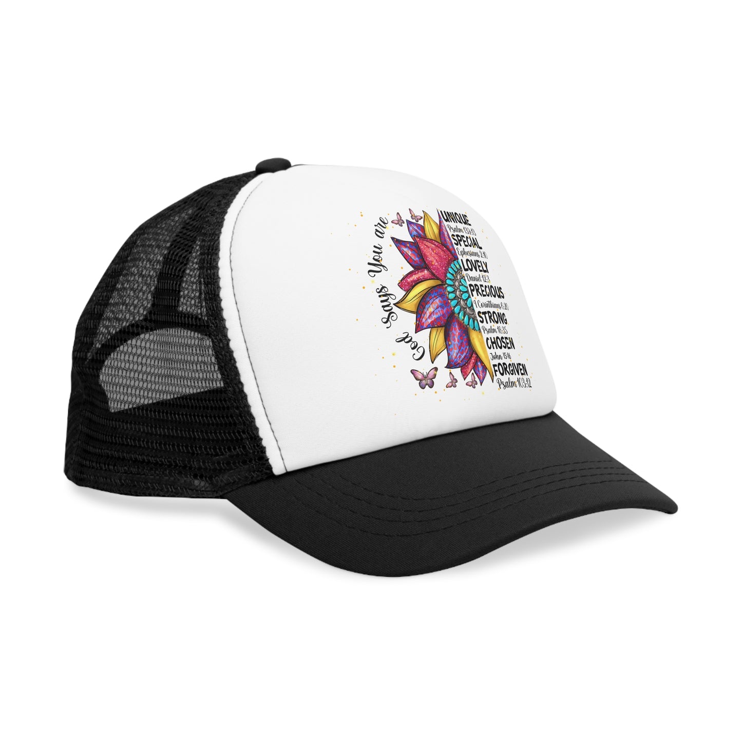 Mesh, Snap-Back Cap, "God Says You Are...", Unique Flower/Christian Hat