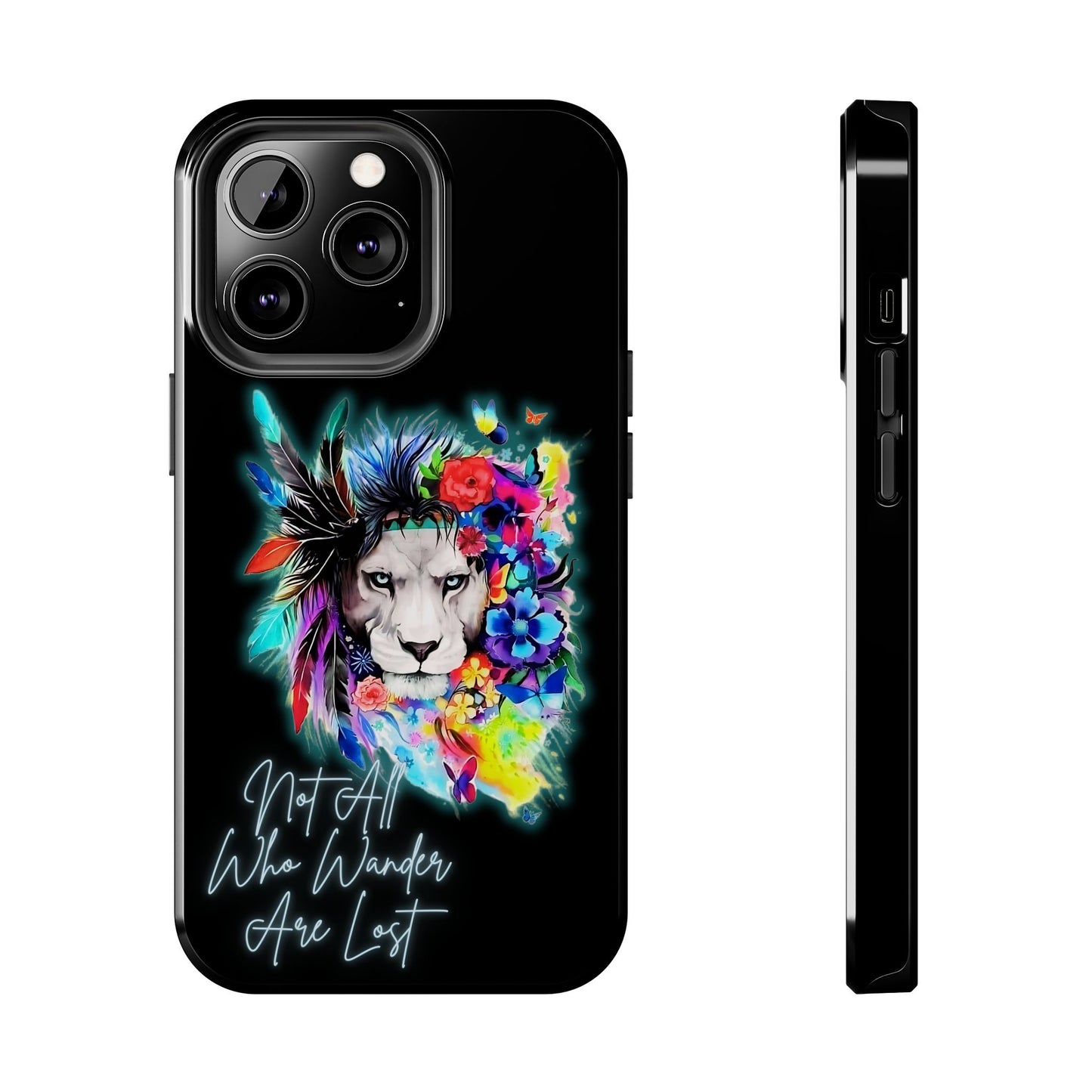 Apple iPhone Tough Case (13-15 Pro Max), Lion "Not All Who Wander Are Lost"