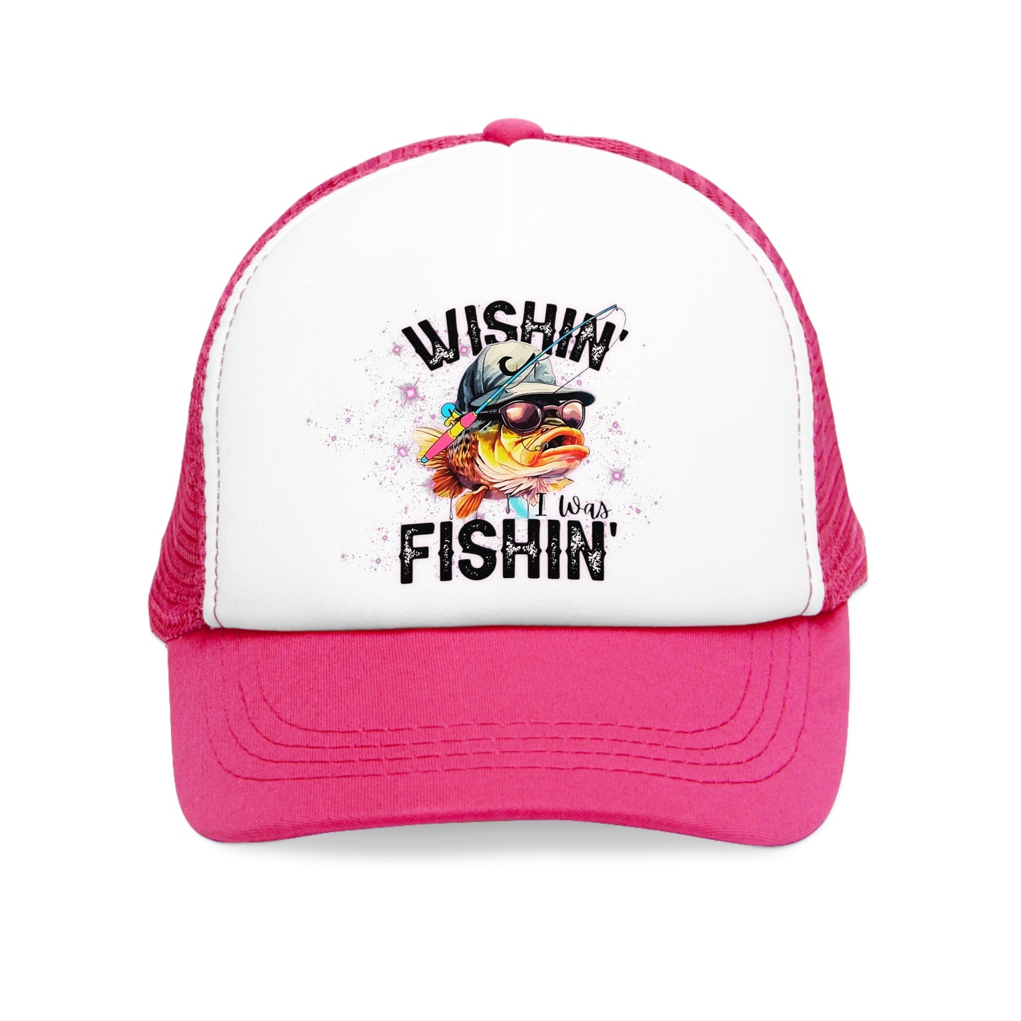 Snap-Back, Mesh Cap, "Wishing I Was Fishing" Hat Black/ Pink