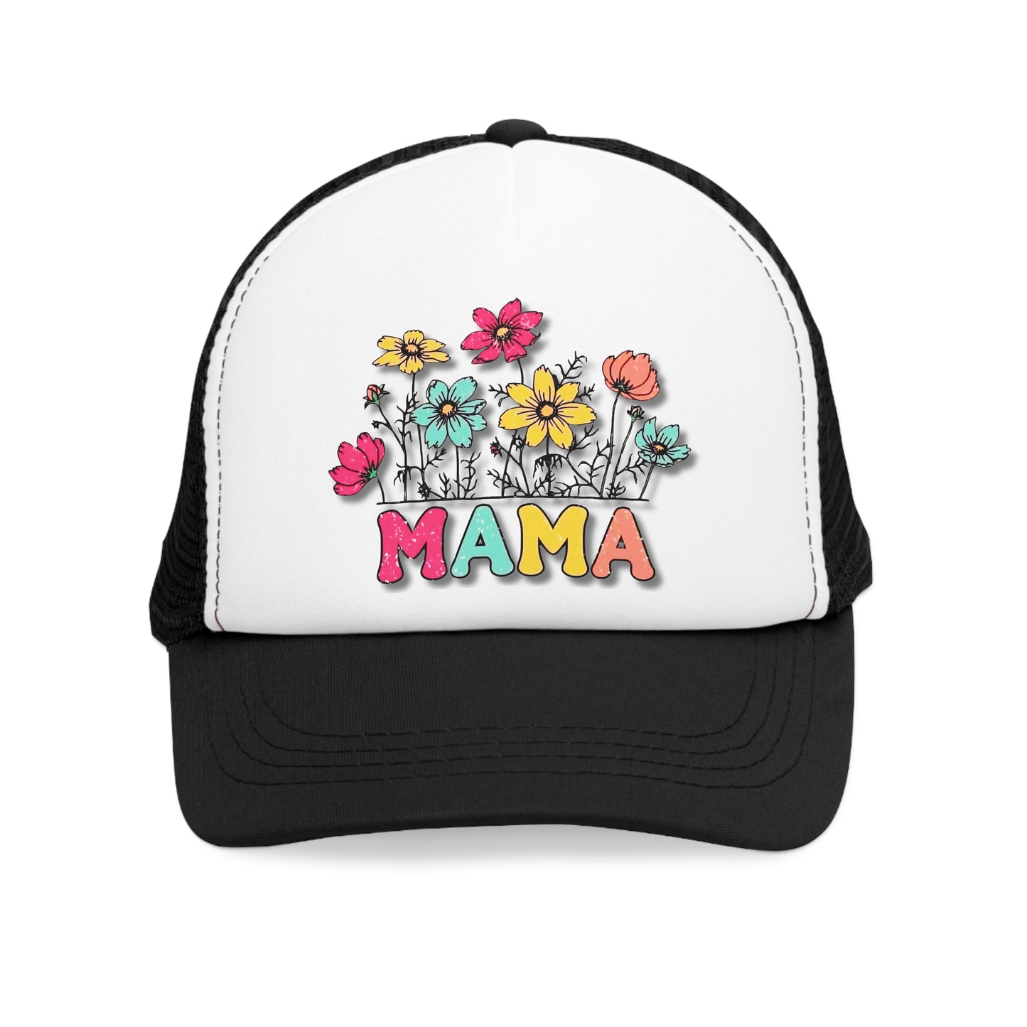 Snap-Back Mesh Cap, "Mama" Flowers Pink/ Black Hat NEW