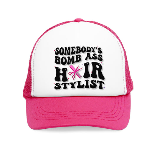 Mesh Snap-Back Hat, "Bomb A Hair Stylist" Funny Beautician Cap