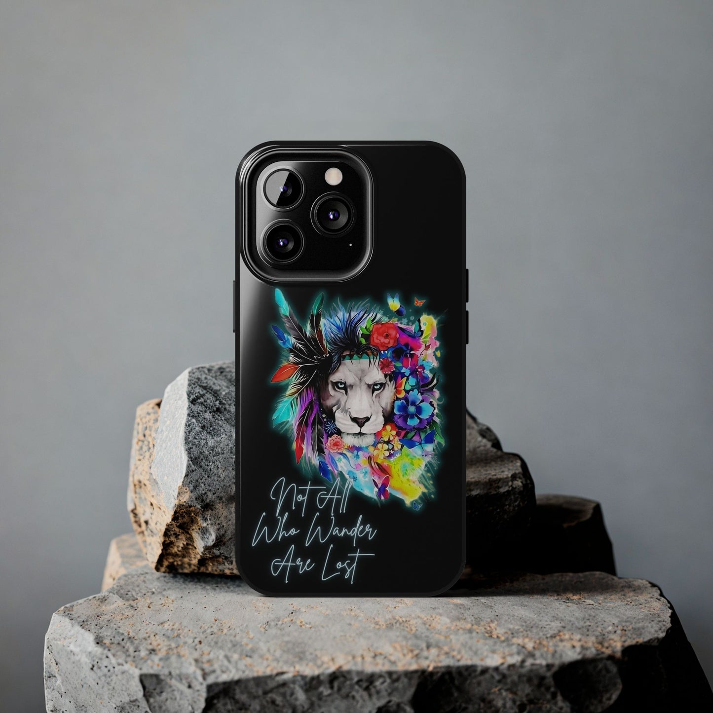 Apple iPhone Tough Case (13-15 Pro Max), Lion "Not All Who Wander Are Lost"