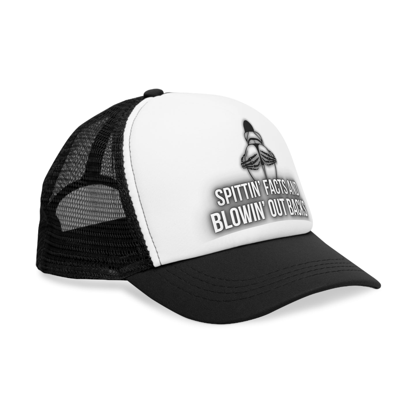 Snap-Back Mesh Cap, "Spittin' Facts, Blowin' Backs" Funny Hat Black/ Blue