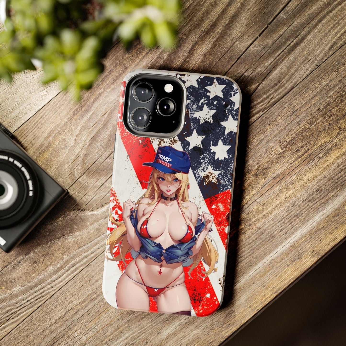 Apple iPhone, Tough Phone Case (13-15 Pro Max), Sexy Anime Trump Girl/ American Flag