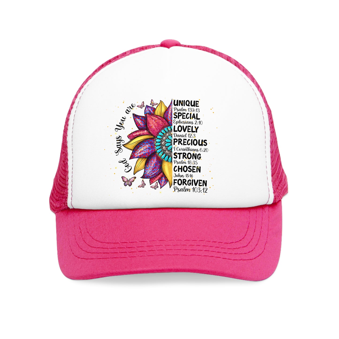 Mesh, Snap-Back Cap, "God Says You Are...", Unique Flower/Christian Hat