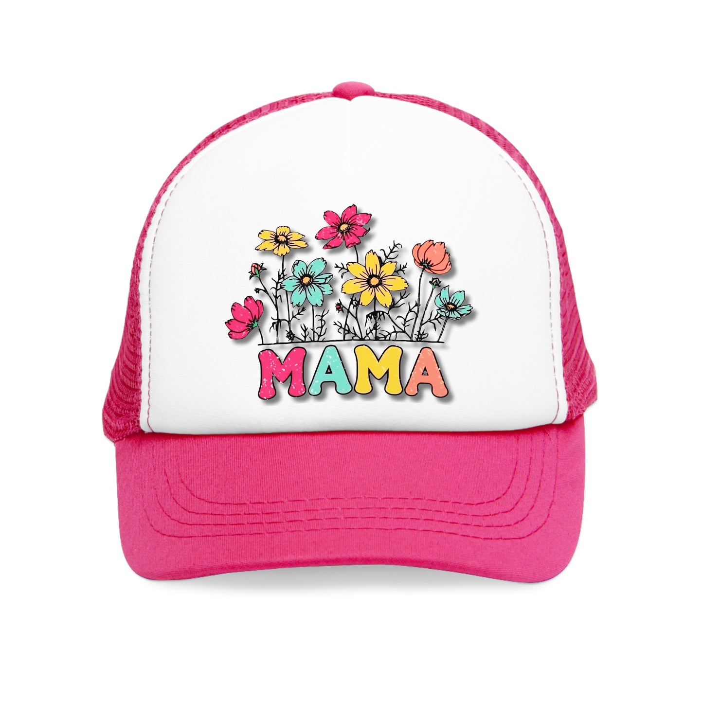 Snap-Back Mesh Cap, "Mama" Flowers Pink/ Black Hat NEW