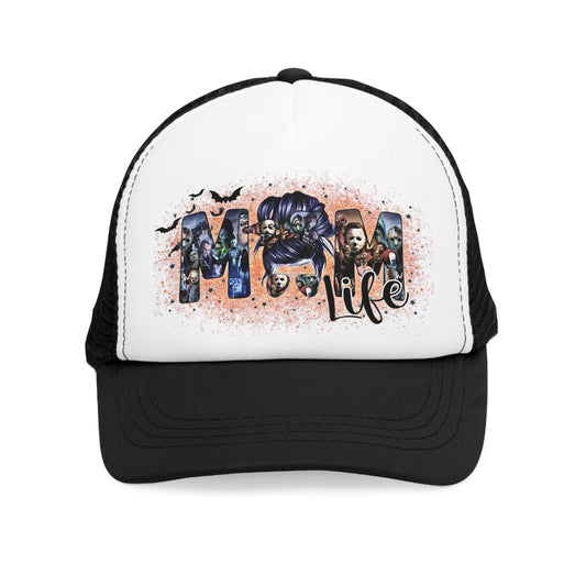 Womens Black Mesh Cap, "Mom Life" Halloween Characters Glittery