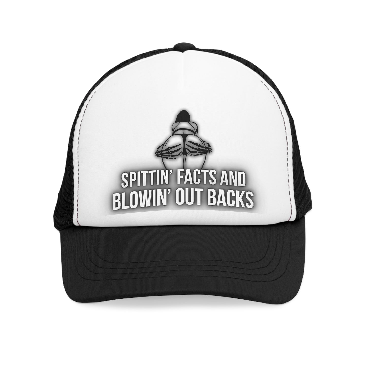 Snap-Back Mesh Cap, "Spittin' Facts, Blowin' Backs" Funny Hat Black/ Blue