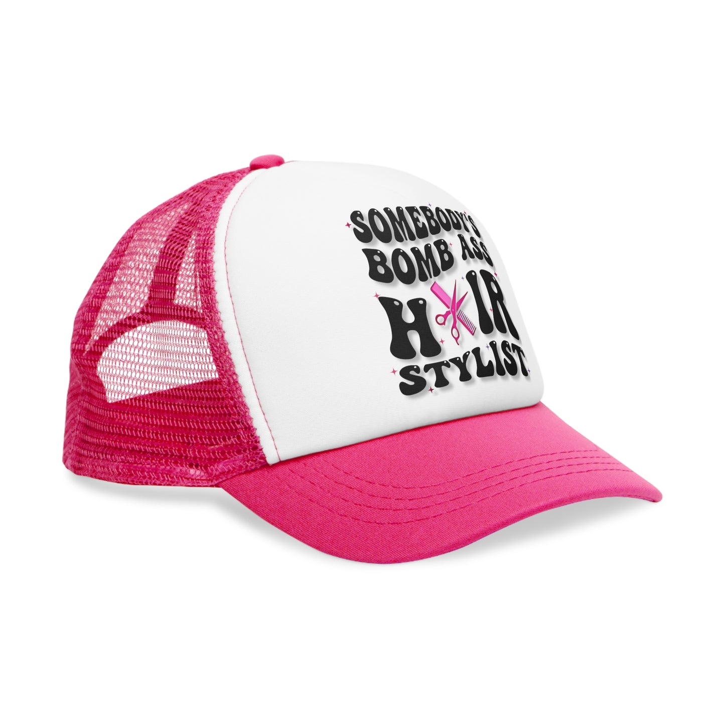 Mesh Snap-Back Hat, "Bomb A Hair Stylist" Funny Beautician Cap