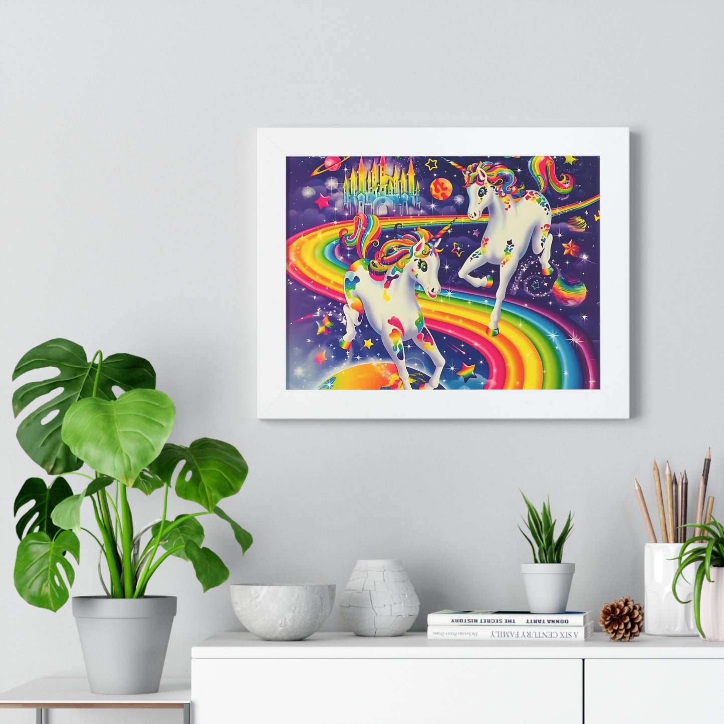 Framed Horizontal Poster, Bright, Rainbow, Horses, Castle (16x12)