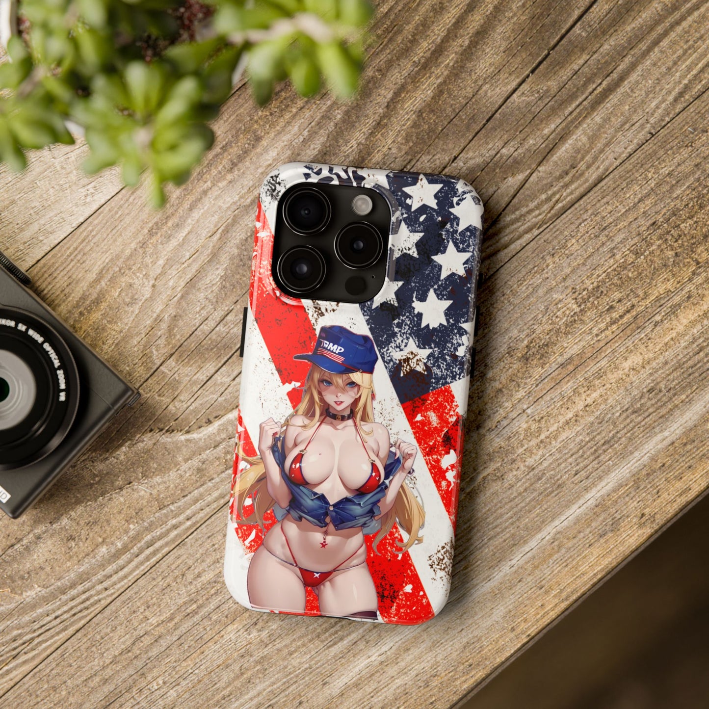 Apple iPhone, Tough Phone Case (13-15 Pro Max), Sexy Anime Trump Girl/ American Flag