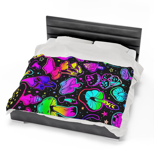 Vibrant, Neon, Bright Mushrooms, Velveteen Plush Blanket (50x60)(60x80)