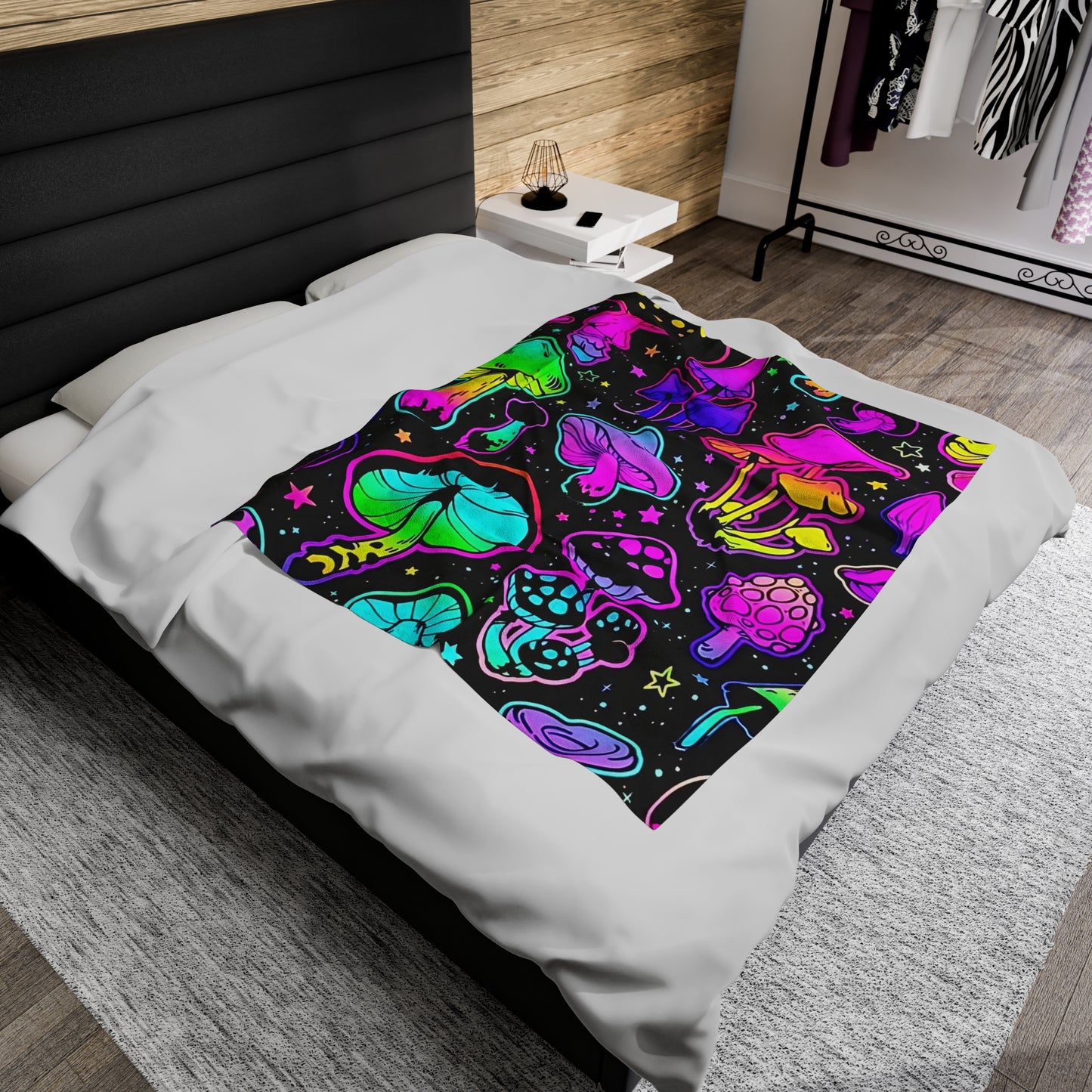 Vibrant, Neon, Bright Mushrooms, Velveteen Plush Blanket (50x60)(60x80)