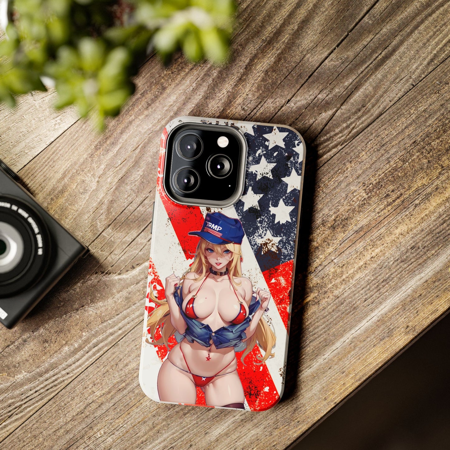 Apple iPhone, Tough Phone Case (13-15 Pro Max), Sexy Anime Trump Girl/ American Flag