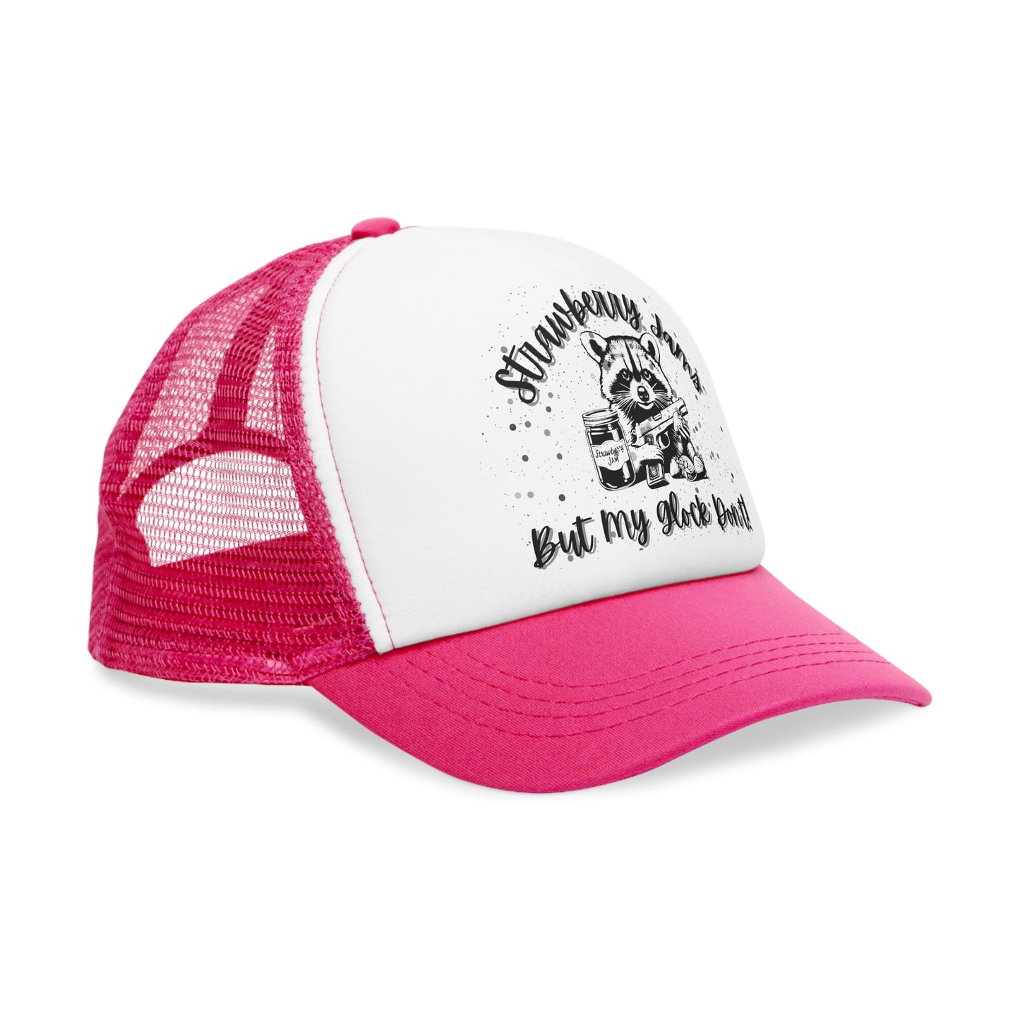 Snap-Back Mesh Cap, Feral Raccoon "Strawberry Jams.. Glock Dont.." Pink/Black