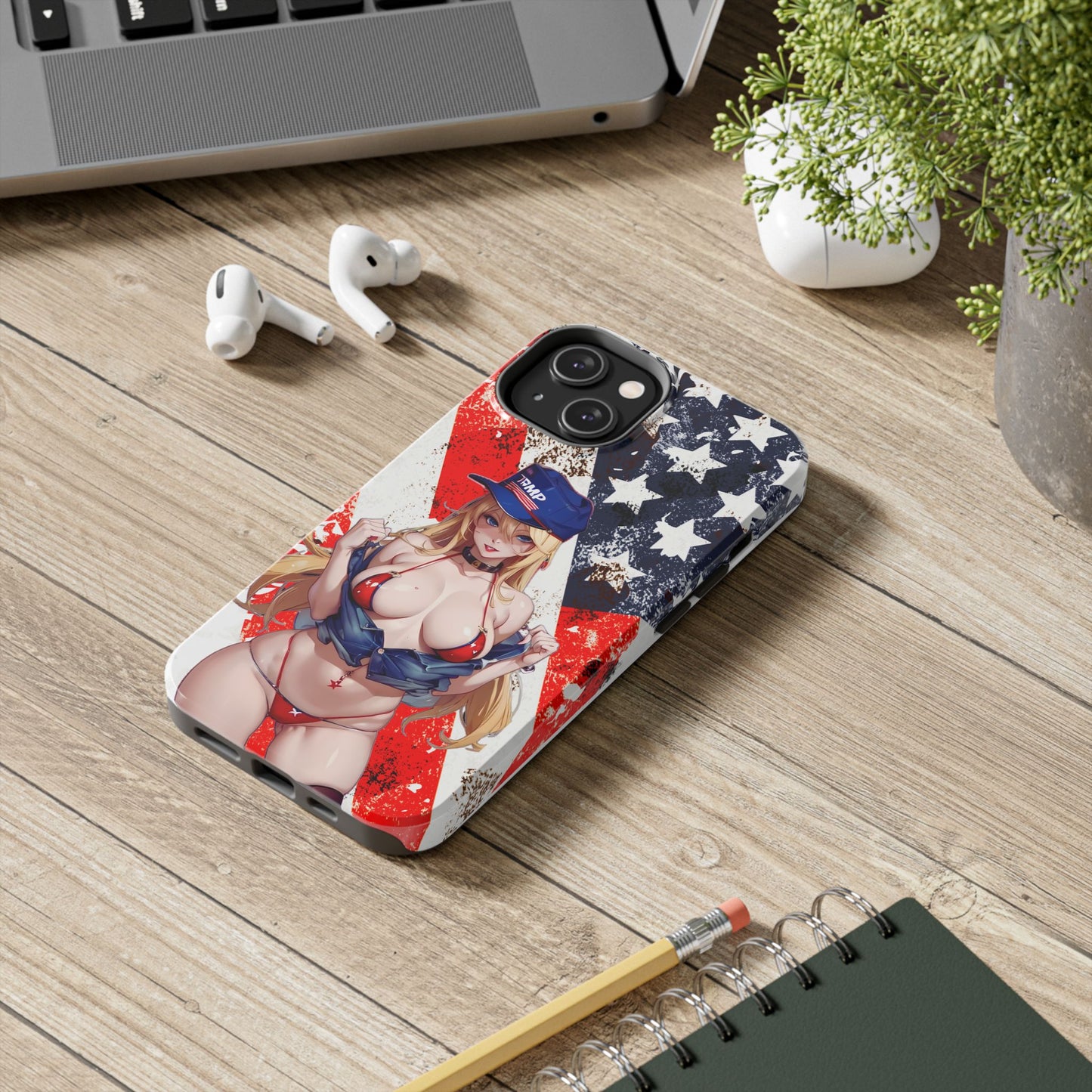 Apple iPhone, Tough Phone Case (13-15 Pro Max), Sexy Anime Trump Girl/ American Flag