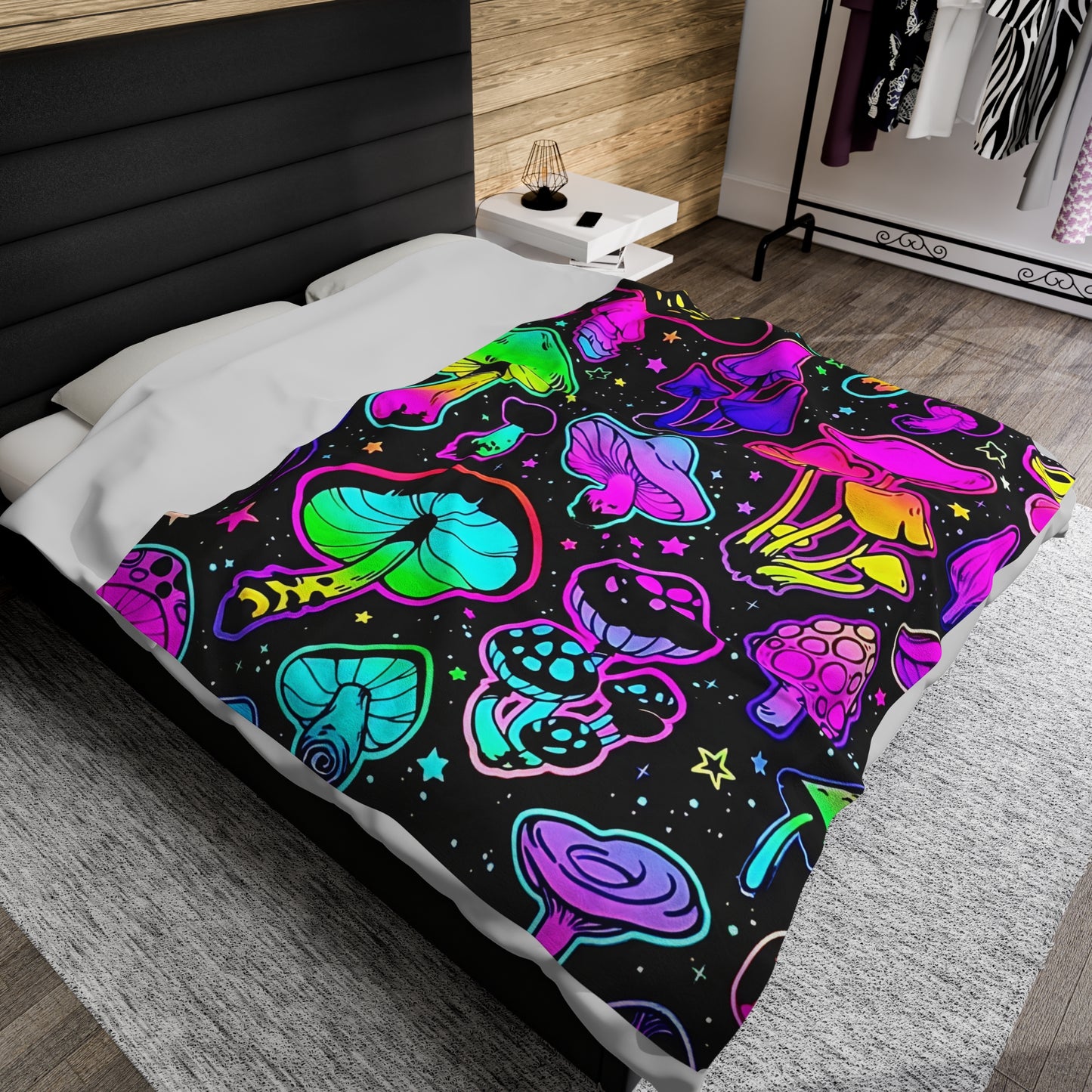 Vibrant, Neon, Bright Mushrooms, Velveteen Plush Blanket (50x60)(60x80)