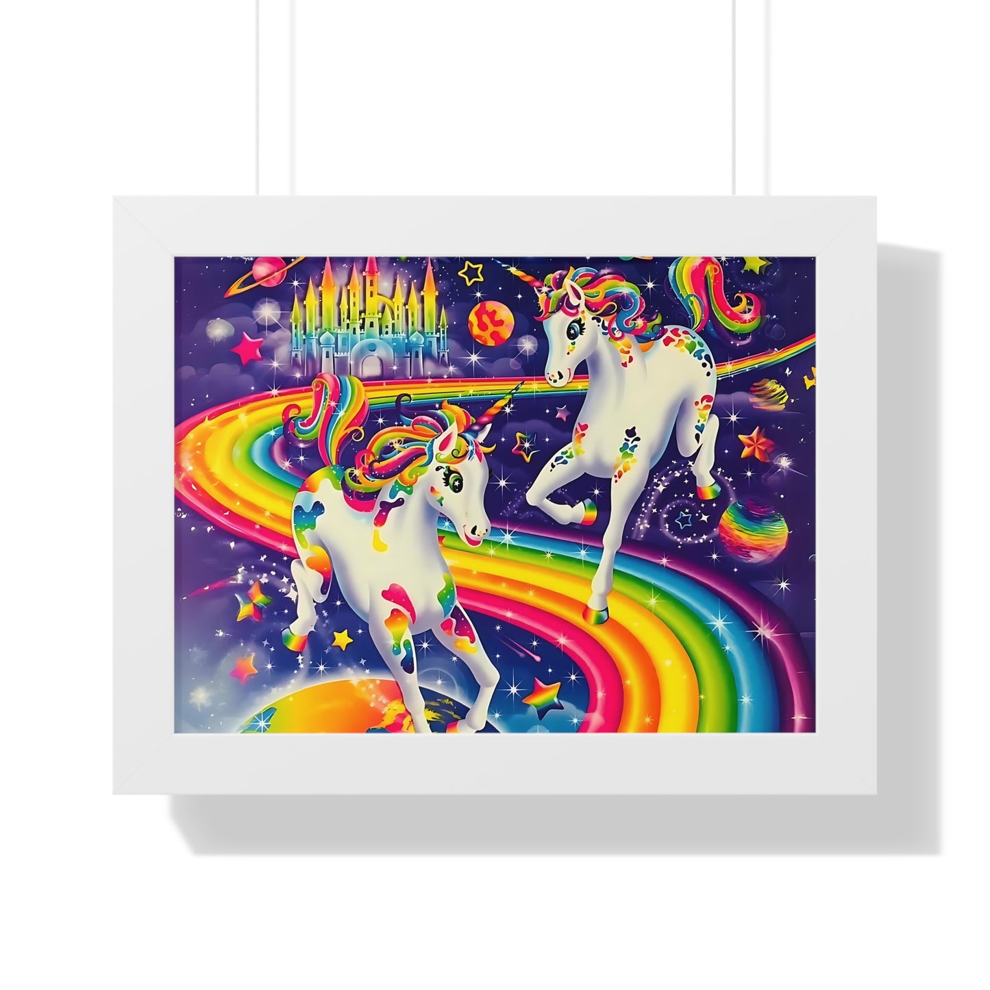 Framed Horizontal Poster, Bright, Rainbow, Horses, Castle (16x12)